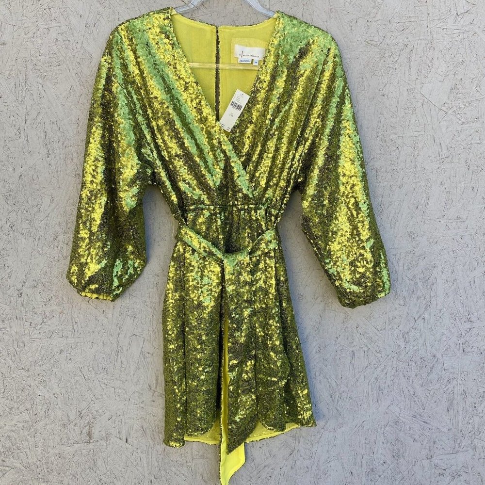 NWT $178 Anthropologie Lisabette Sequin Tie Waist Wrap Mini Dress XXS Chartreuse